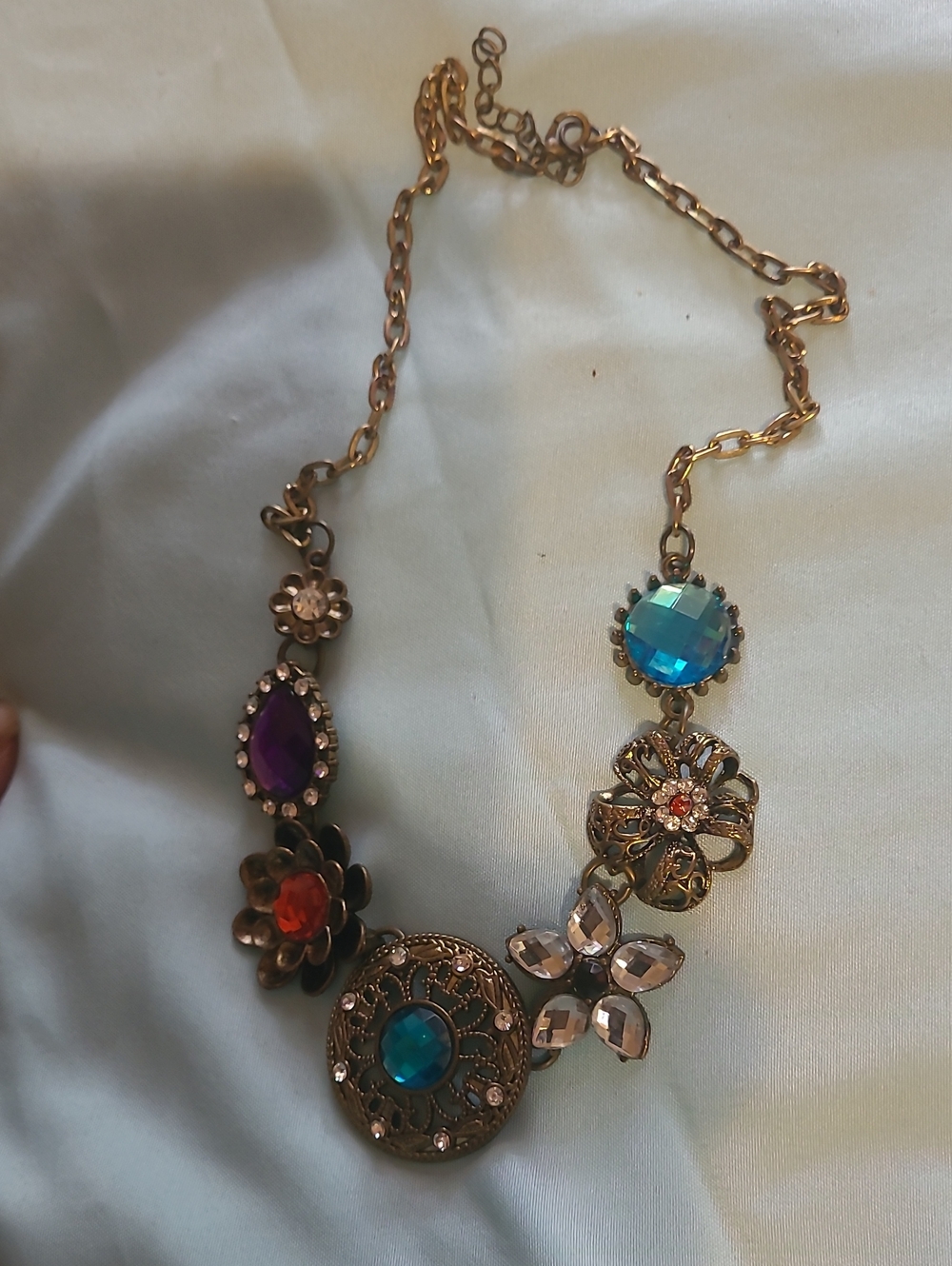 Gold-Tone Floral Statement Necklace with Blue, Purple & Orange Stones